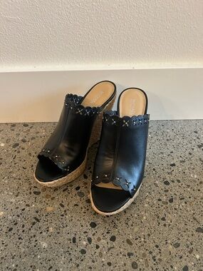 Michael Kors Black Leather Scalloped Espadrille Wedge Mules